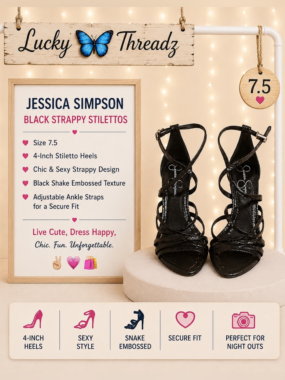 Jessica Simpson Black Snakeskin Strappy 4” Stiletto Heels Women’s 7.5